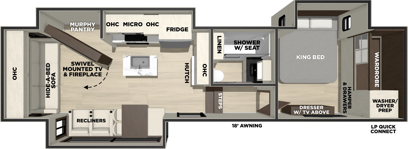 The Cedar Creek 29RL floorplan has one entry and three slide outs. Exterior features include: fiberglass exterior and 18' awning. Interiors features include: kitchen island, front bedroom and rear living.